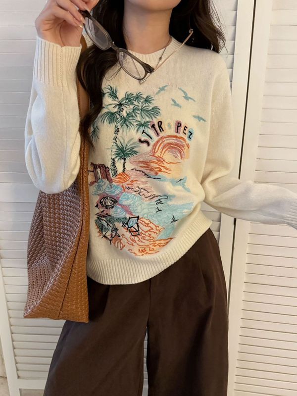 2025女装毛衣重工椰树海摊刺绣洋气减龄全羊毛圆领套头针织衫上衣|undefined