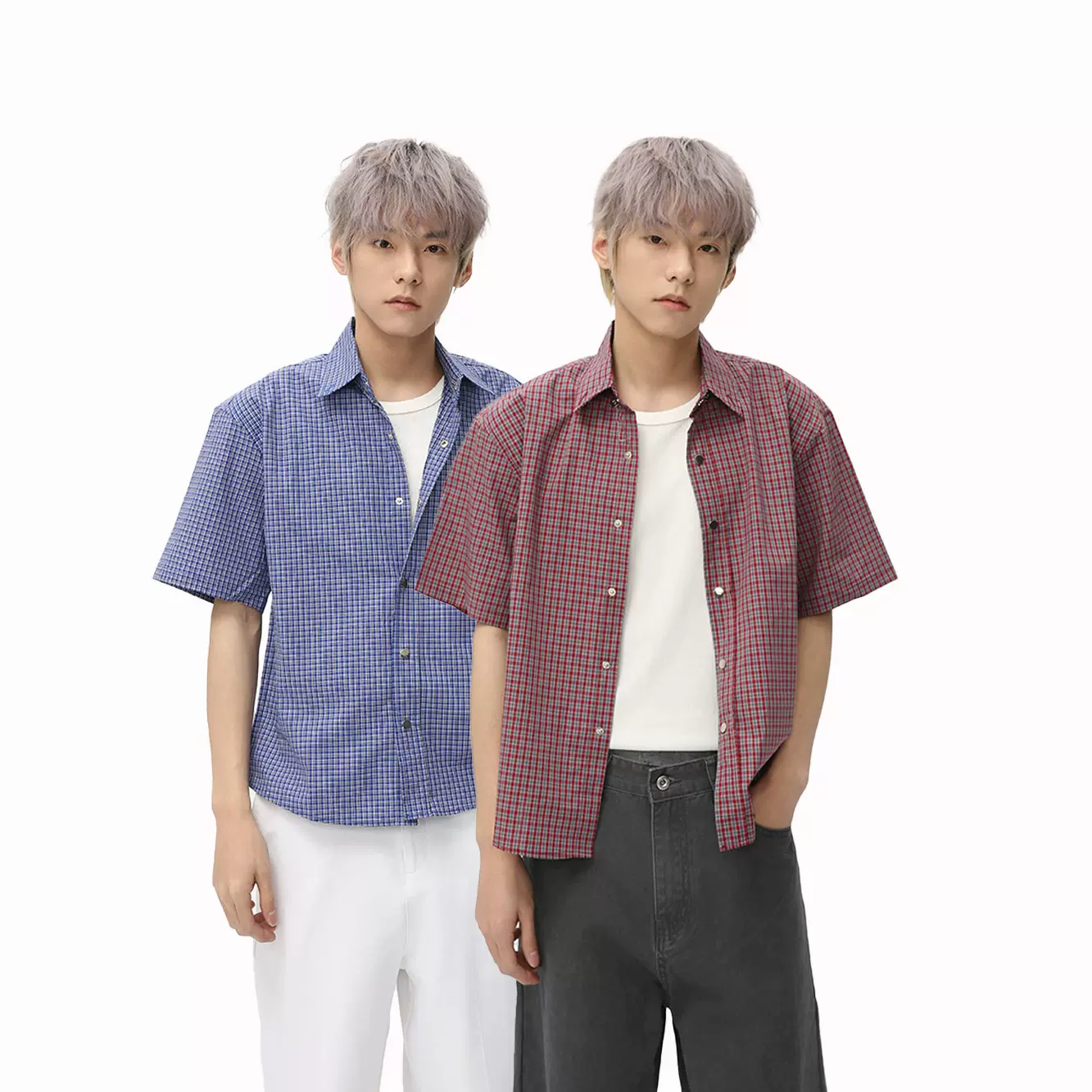MTLCLOTHES男装|红色格子短袖衬衫男宽松百搭复古韩版半袖衬衣潮