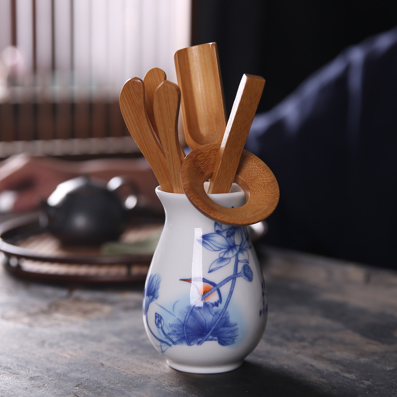 陶瓷茶道手绘白瓷六君子套装茶夹茶勺青花瓷功夫茶具竹制茶道配件