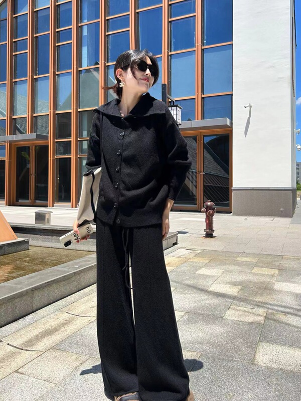 针织套装女秋季新款慵懒风显瘦休闲气质时尚阔腿裤毛衣开衫两件套|undefined