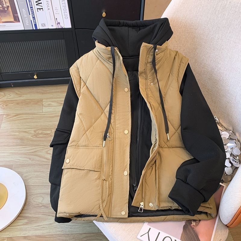 假两件羽绒棉服女款冬季大码胖mm宽松休闲设计感拼接连帽棉衣外套