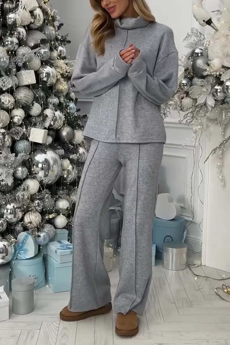 Damenbekleidung Herbst und Winter einfarbig lässig vielseitig Strickanzug hoher Kragen langärmelige Oberteile Hosen Damen_voghion.com