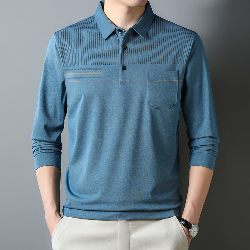 Otoño camisa de fondo superior delgada de manga larga para hombres jóvenes y de mediana edad solapa bolsillo real camiseta casual papá hombres