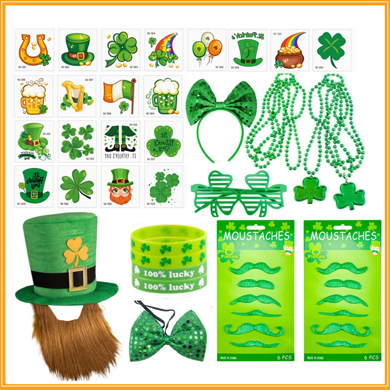 St. Patrick's Day Beard Hat Clover Waterproof Tattoo Sticker Bracelet suit Decoration Dress Up St. Patrick's Day Beard Hat Clover Waterproof Tattoo Sticker Bracelet suit Decoration Dress Up