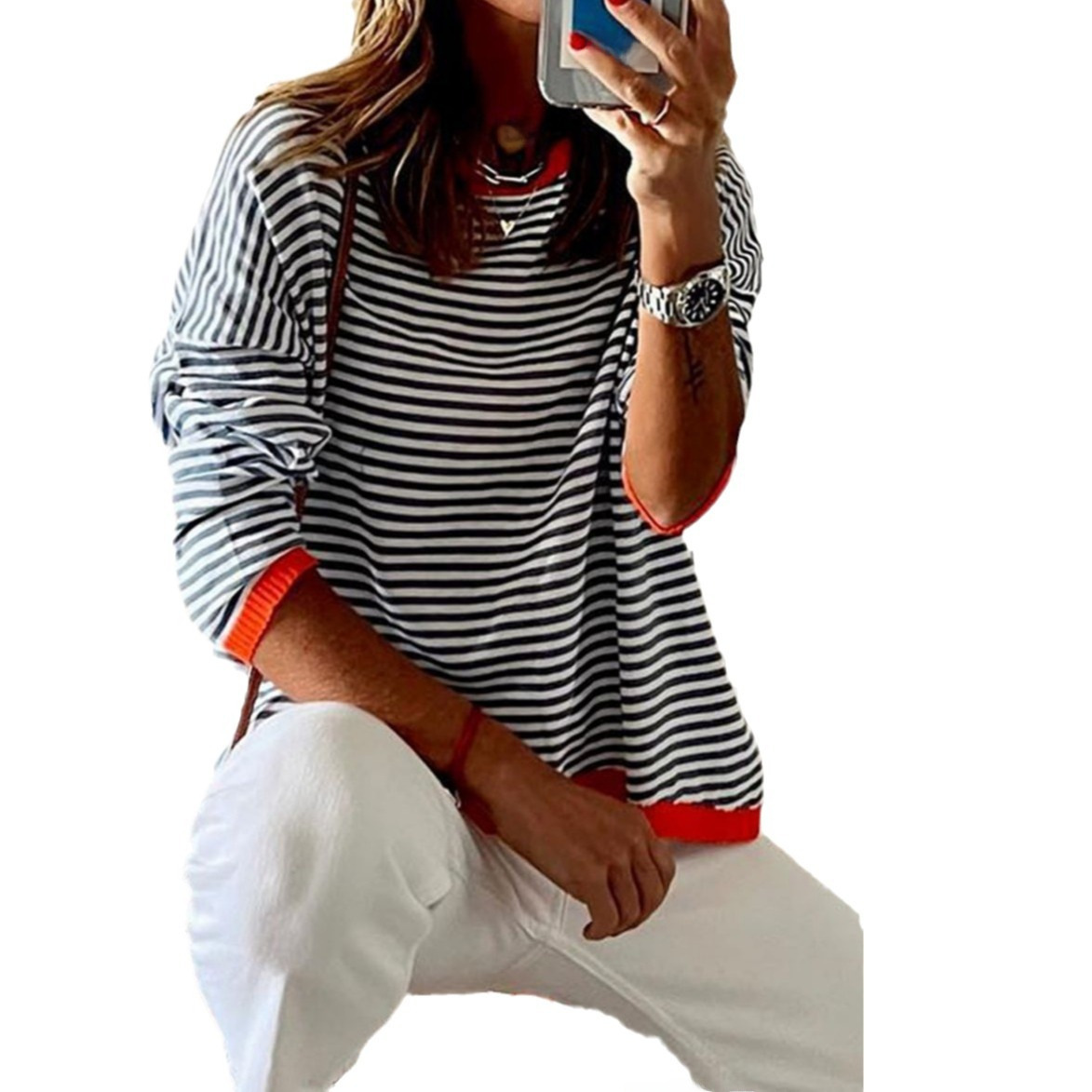 2024 New knitted sweater European and American Foreign trade striped contrast color design drop shoulder long sleeve top_voghion.com