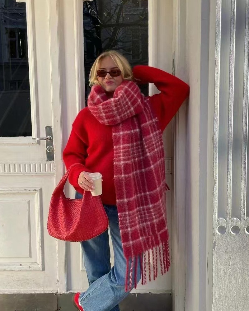 Checkered wool fringe Korean version premium winter mohair warm unisex scarf_voghion.com