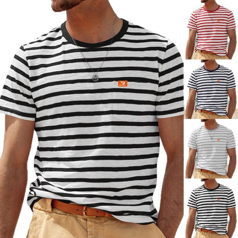 Estación independiente nuevo verano nuevo hombre de manga corta moda casual chaqueta a rayas camiseta de cuello redondo