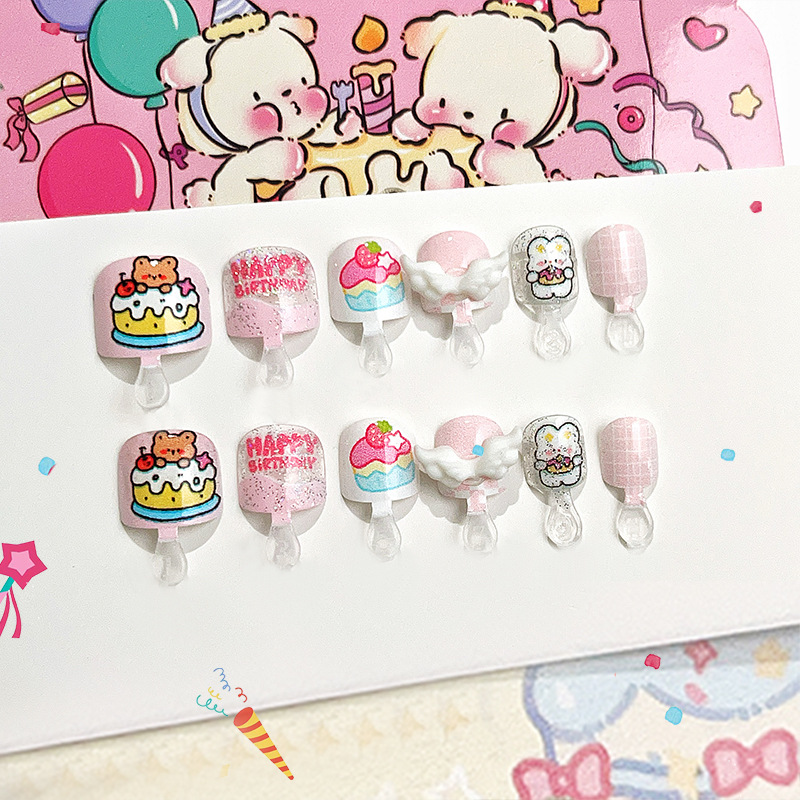 Nuevos accesorios de manicuría para niños que usan banda de uñas, parches de uñas de dibujos animados, productos terminados de uñas dulces, 12 piezas