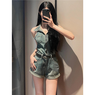 Vintage Backless Halter Fashion Denim Jumpsuit New Sleeveless Turn-Down Collar Zipper High-Waisted Slim-Fit Shorts for Women