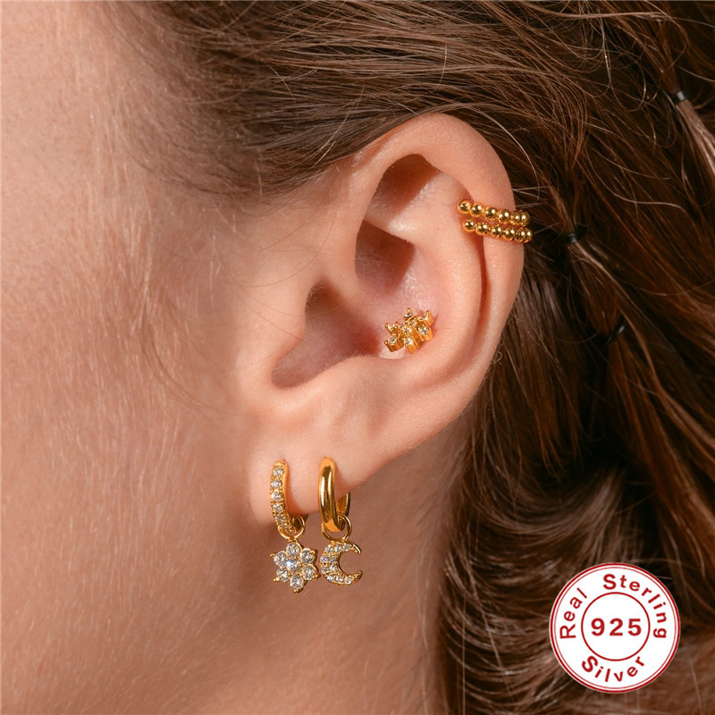 Daily Occasion 925 Sterling Silver Material Moon, Water Droplets, Lightning Pattern 1 Piece 925 Sterling Silver Zircon Moon Water Droplets Lightning Earrings