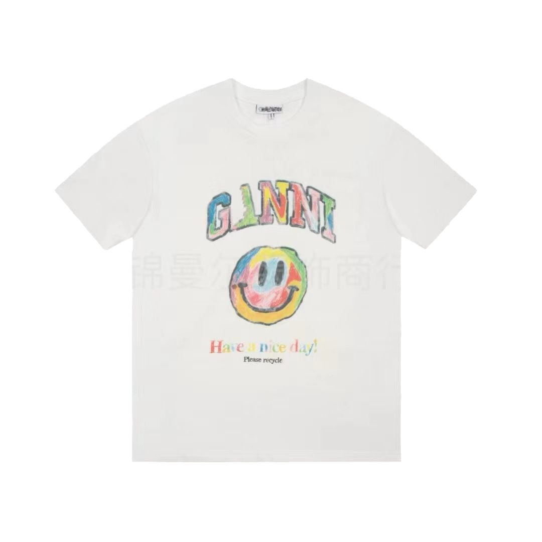 2024 夏の新 GAN レターサンスマイリーフェイスプリントインターネット有名人同じスタイルラウンドネックルーズ半袖 Tシャツ男性と女性用
