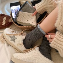 波点羊毛袜子女中筒袜春秋季款加厚加绒保暖灰色勃肯鞋冬天长筒袜