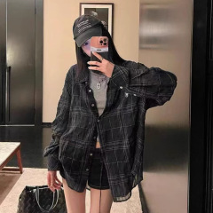 现货高品质RL拉夫刺绣小马标藏青色格纹棉麻衬衫新款时尚外套上衣