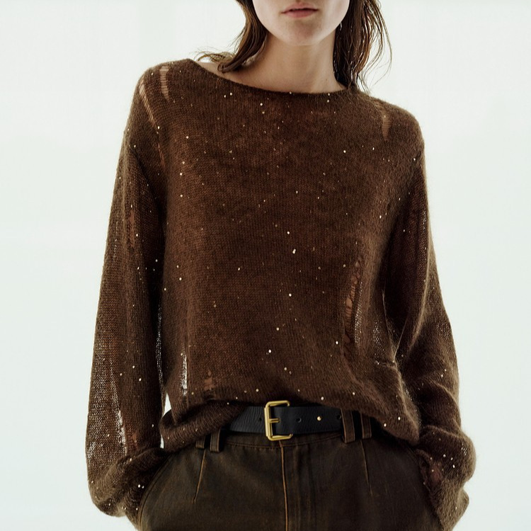 Lazy Style Sequined Pullover Sweater for Women in Autumn and Winter Soft Waxy Wool Loose Knitted Bottoming Shirt Thickeneded Casual Top