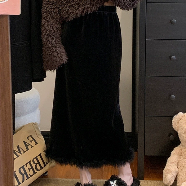 Плюшевая женская бархатная толстая шерстяная юбка-юбка с высокой талией темперамент прямой юбка с открытой вилкой