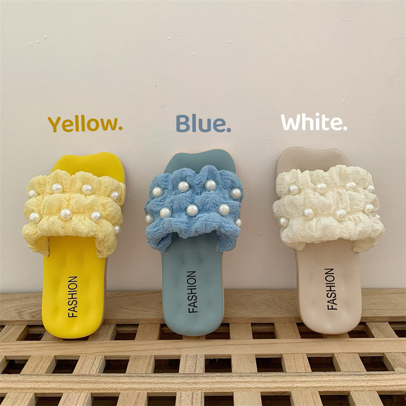 Parent-Child Slippers New Style with Fairy Style Soft Sole Non-Slip Outer Wear Square Toe Versatile Breathable Pearl Adult Slippers