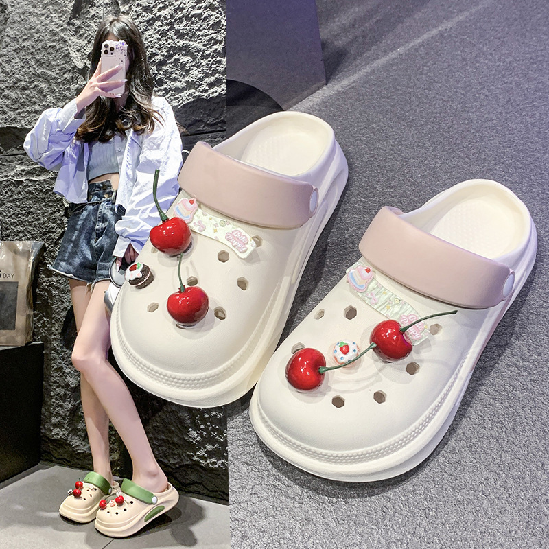 Creative, Cute and Personalized Little Cherry Clogs for Women's Summer Outer Wear, High-Looking, Soft, Thick-Soled, Non-Slip, Lightweight and Comfortable Slippers