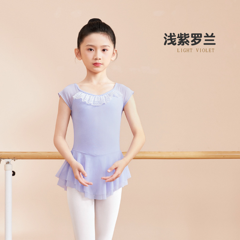 Ropa de baile para niños Vestido de una sola pieza Encaje de algodón de manga corta Cuello de loto Traje de una sola pieza Práctica de ballet Ropa de baile nacional chino