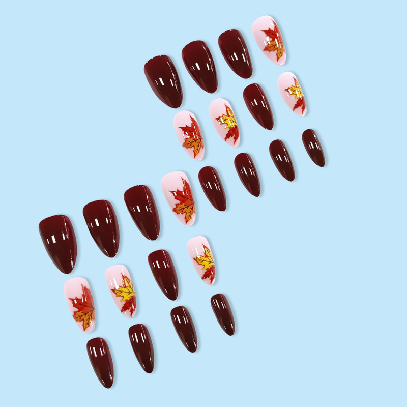 European and American Popular Retro Autumn Manicure Nails, Burgundy Maple Leaf Wearable Nails, Almond Nails, 24-Piece Nail Patches