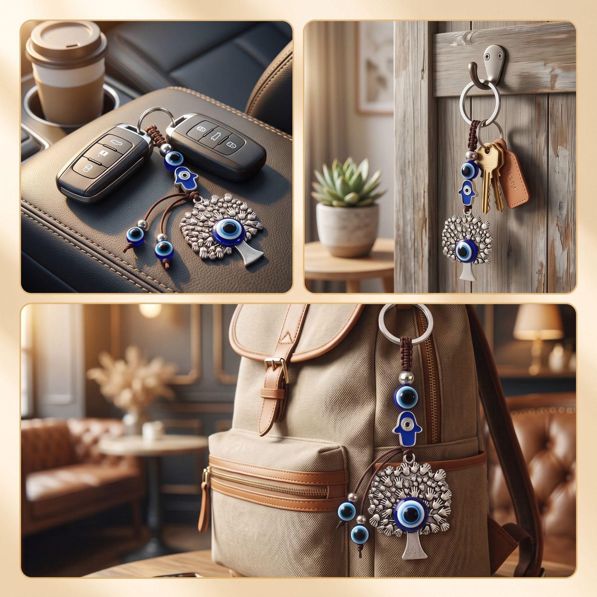 Ventas transfronterizas turcas de ojos azules viento nacional árbol de vida Fátima llavero de aleación de mano bolsos pequeños accesorios