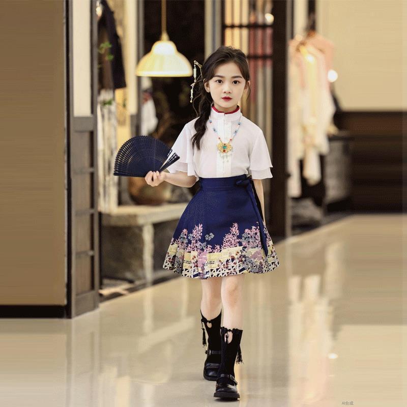 Niños corto vestido de caballo para niñas conjunto 2025 nuevo antiguo estilo de verano antiguo estilo de verano chica delgada