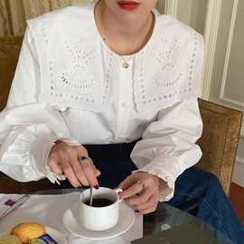 韩国chic早春法式镂空刺绣大翻领单排扣时尚减龄白衬衫女内搭上衣