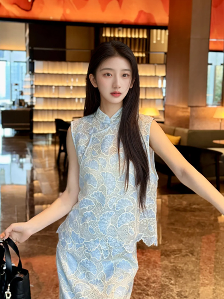 Bộ trang phục nữ phong cách Trung Hoa cao cấp mùa hè 2026 mới, áo vest và chân váy hai mảnh phối ren cổ chéo thêu N4005 — Váy nửa, Áo gilê