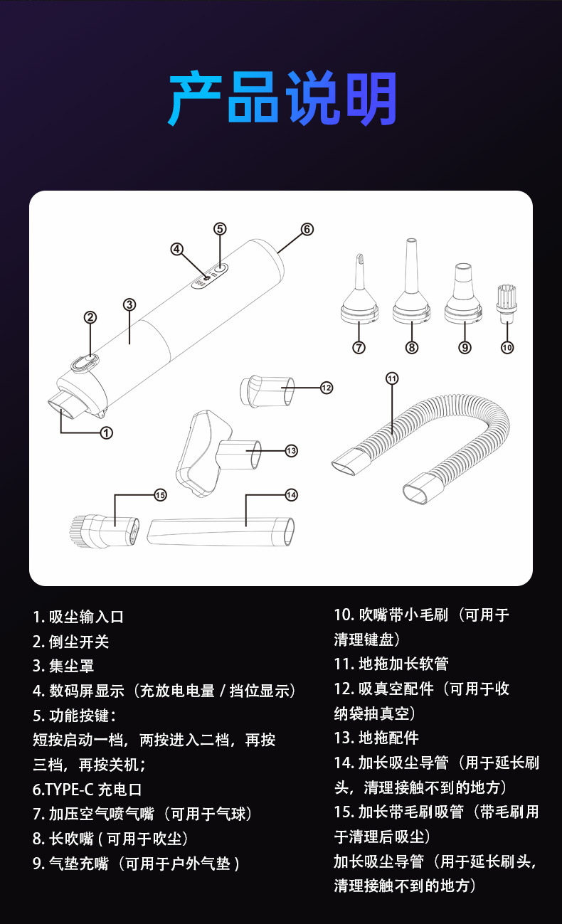 Car Wireless Vacuum Cleaner with 21000Kpa High Suction Power, Three-Speed Adjustment, Lighting, and Four-In-One Car Vacuum Cleaner