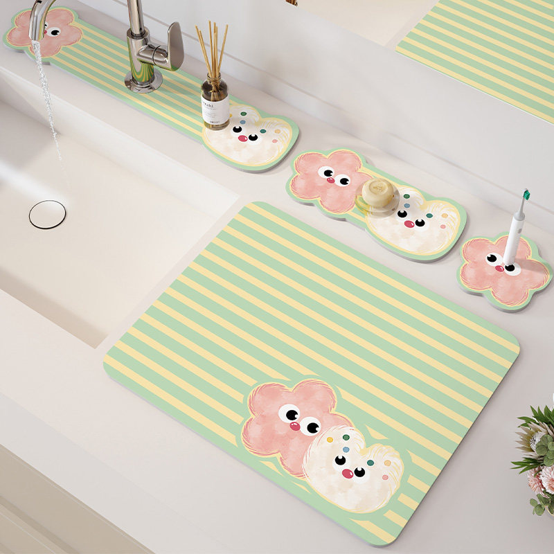Cartoon kitchen draining mat, multi-functional diatomaceous earth absorbent mat, bathroom sink and faucet mat, washbasin and tea cup mat