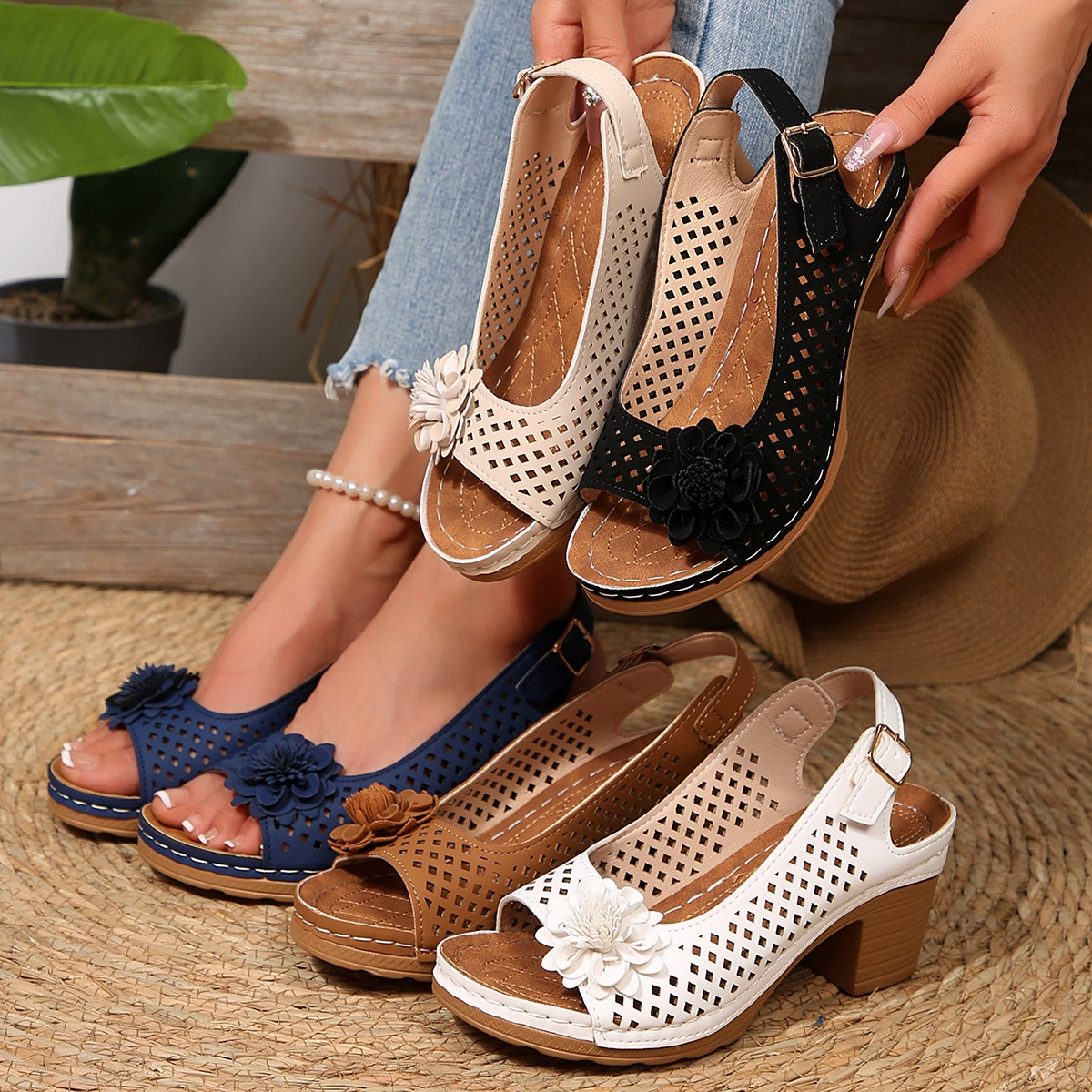 Женские летние босоножки на высоком каблуке больших размеров, 2025, европейская и американская мода, толстый каблук, задняя пряжка, римские сандалии