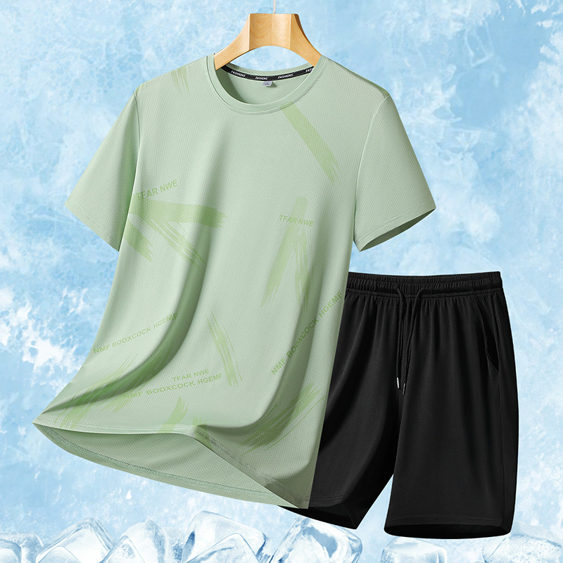 2025 nuevo traje de manga corta de seda de hielo real para hombre de verano, pantalones de dos piezas para hombre, traje de ocio deportivo, pareja al aire libre