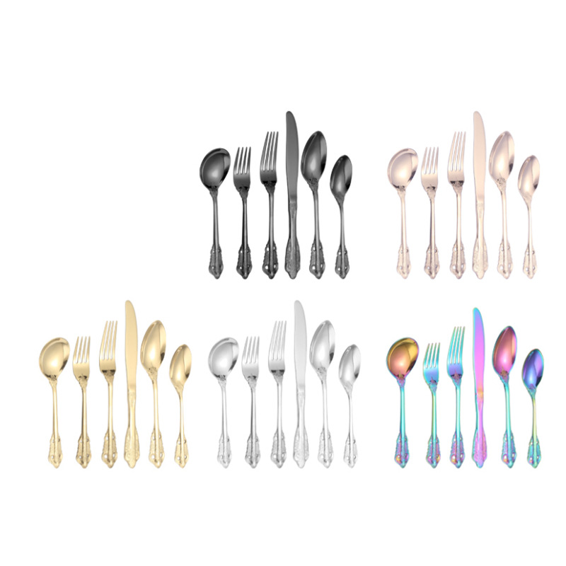 Corte 304 cuchillo de acero inoxidable, tenedor y cuchara Europea retro alivio creativo Luz de lujo occidental cuchillo de carne y tenedor suministros de hotel