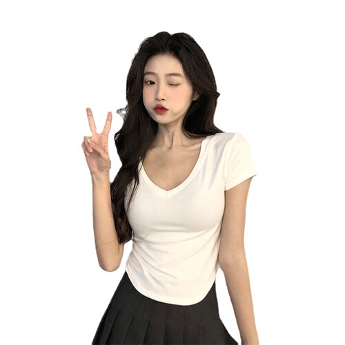 Summer  new Korean version of Internet celebrity pure desire V-neck slim and irregular short-sleeved T-shirt top for women