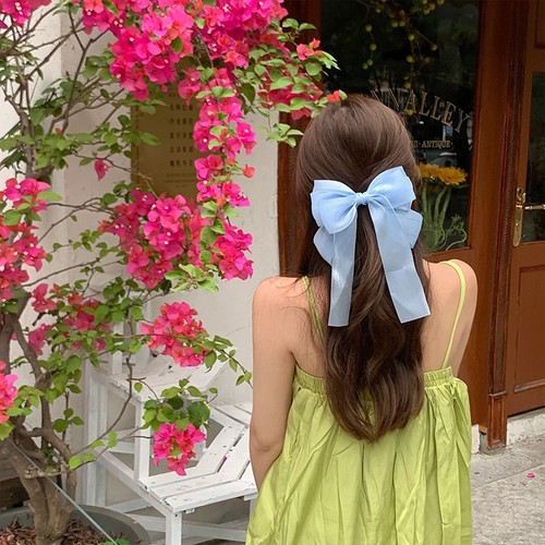 Mesh ribbon bow hairpin hairpin solid color bright silk fabric big bow spring clip cute girl hair accessories