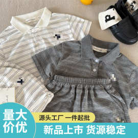 儿童套装眯眯眼夏季男女童条纹小狗套装宝宝POLO衫休闲两件套Z047