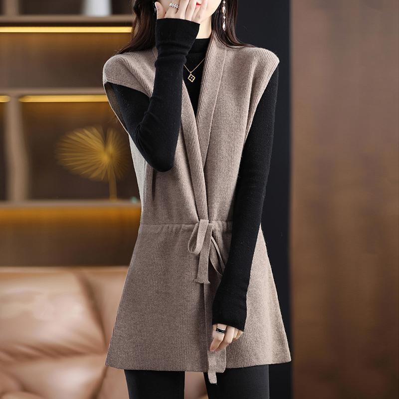 Knitted cardigan vest 2024 new spring women's outer sweater vest mid-length lace-up waist-tight waistcoat for women
