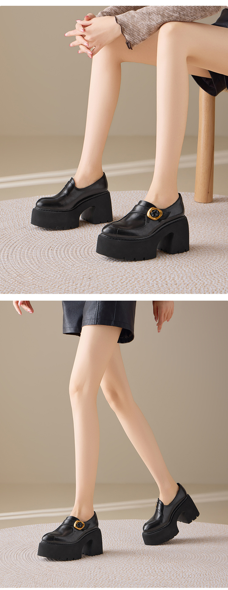 Giày loafer nữ gót vuông cao 10 cm, phong cách Pháp cổ điển, đế dày tăng chiều cao — màu đen chi tiết 6