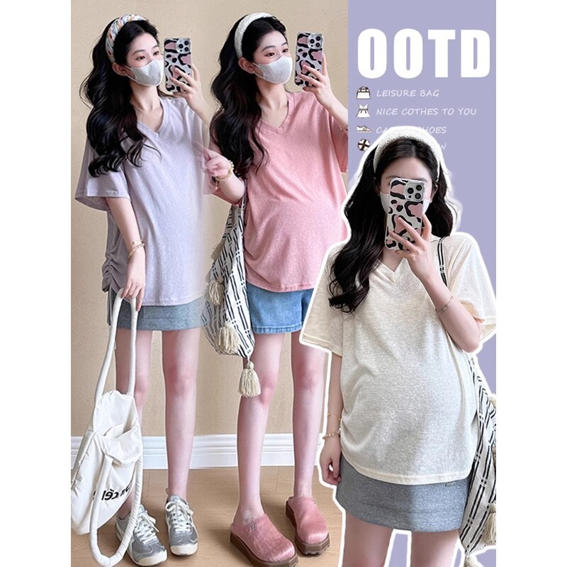 Maternity Summer Clothes New Drawstring V Neck Short-Sleeved T-Shirt Loose and Versatile Trendy Mom Bottoming Shirt Top T-Shirt Summer Clothes
