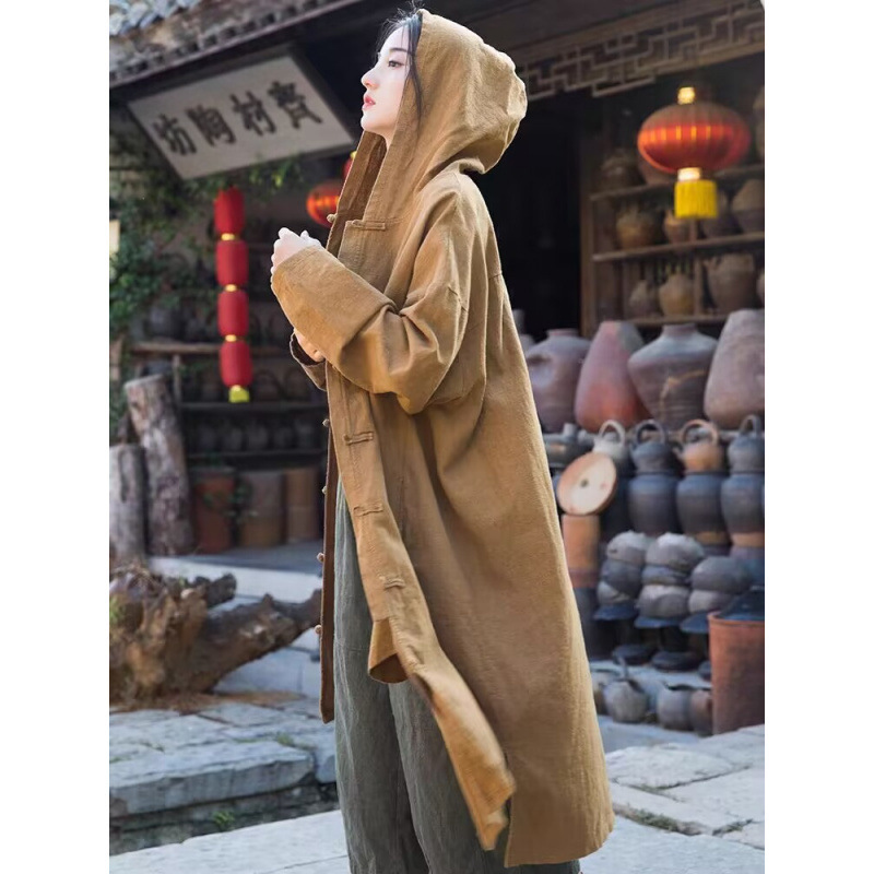 苎麻连帽风衣女春秋新款唐装中国风禅意披风砂洗复古盘扣外衣禅修|undefined