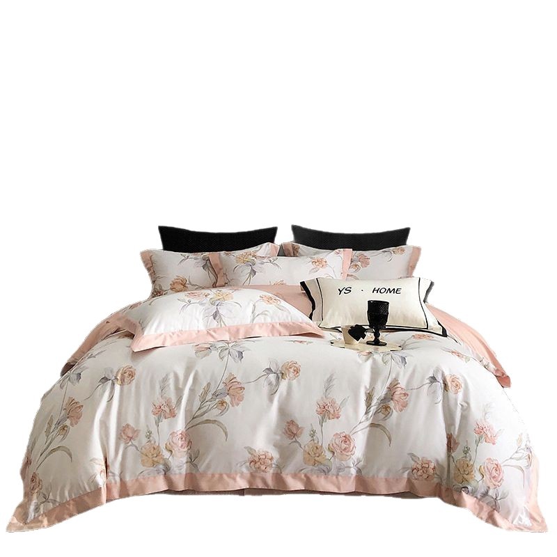 Set di lenzuola e copripiumino in puro cotone stampato, stile nordico francese minimalista retrò, di alta gamma, 100 count, a fibra lunga, a quattro pezzi, all'ingrosso per Cross-bor_voghion.com