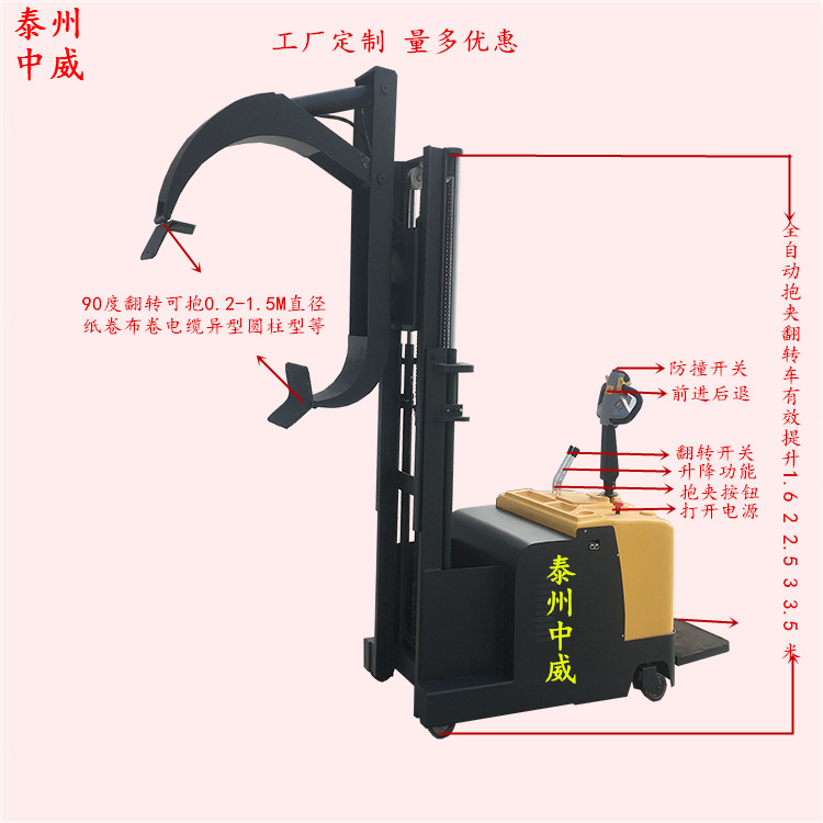 电瓶电动抱夹翻转装卸机无腿全自动夹包升降旋转车电瓶堆高铲车