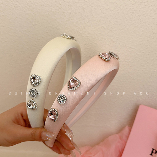 Pink girl~Love rhinestone satin headband, high-end ins wide-brimmed, high-ceiling, versatile and sweet headband hairpin