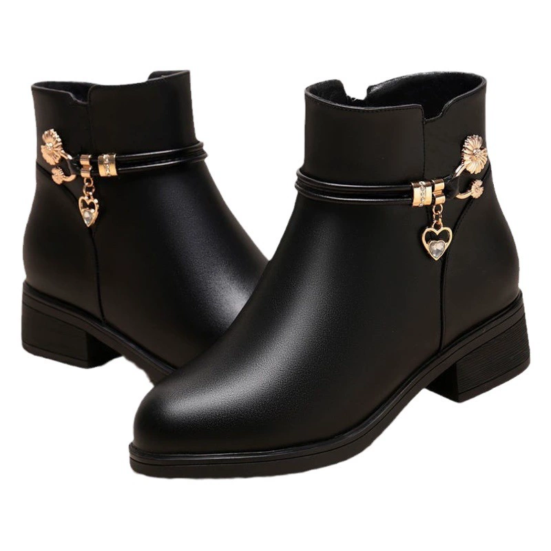 Обувь для мам из натуральной мягкой кожи, Женская хлопковая обувь, Зимние ботильоны на флисовой подкладке, хлопковая кожаная обувь на плоской подошве на массивном каблуке, средние возраст, Нескользящие хлопковые ботинки