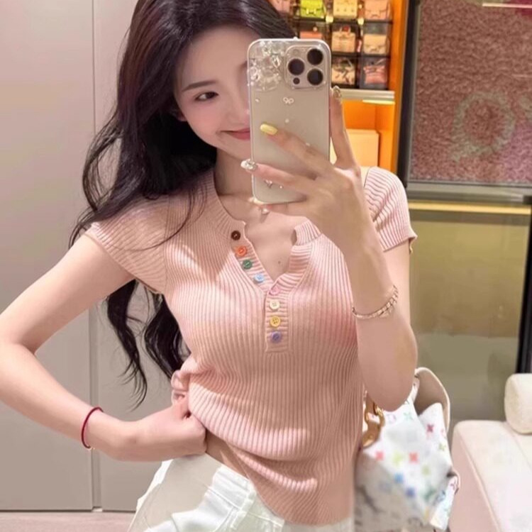 Korean-Style Dopamine Color Button Short-Sleeve T-Shirt for Women, Summer New Slim-Fit V-Neck Crop Top