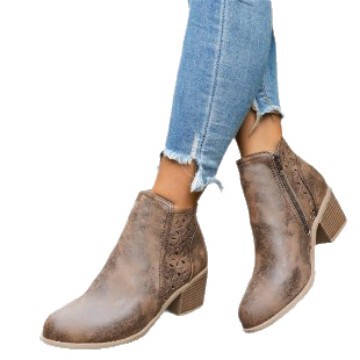 Temu hot Chelsea boots 2024 autumn and winter new hollow-out pointed low-tube square heel cross-border European and American women's boots in stock