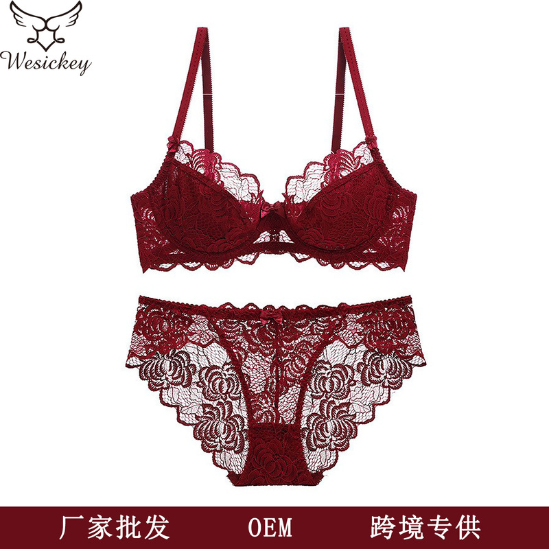 European and American Sexy Lace Underwear Women's Ultra-thin Transparent Large Chest Large Size Bra Anti-sagging Top Bra Set