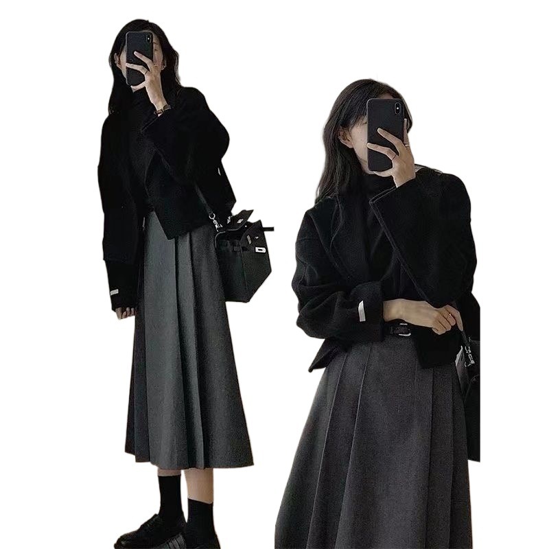 春秋女装奶系毛呢温柔秋冬外套2025高腰新款半身裙套装|undefined