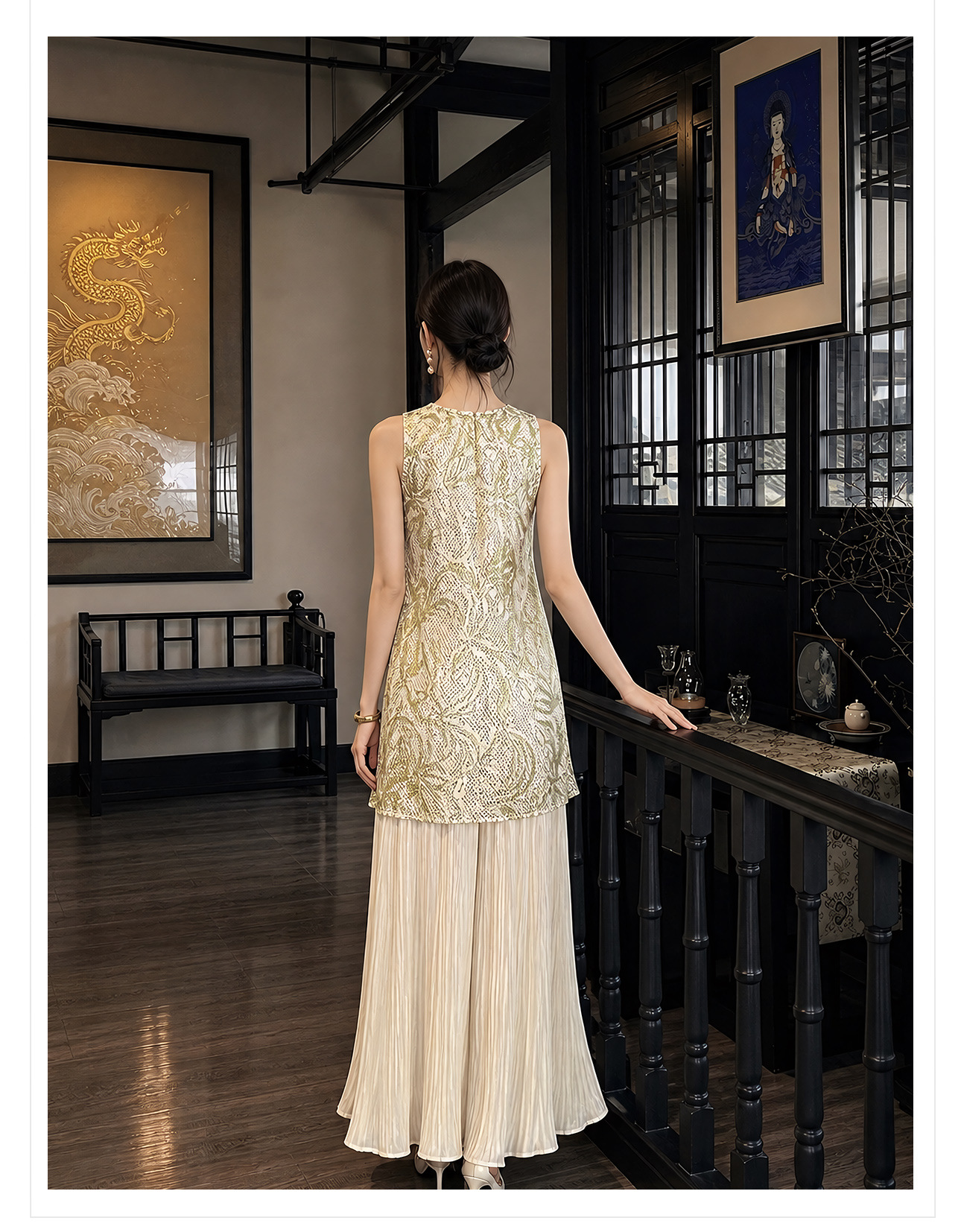 Đầm maxi nữ thắt eo phong cách Tân Trung Hoa họa tiết thêu nổi — Trà cà phê chi tiết 22