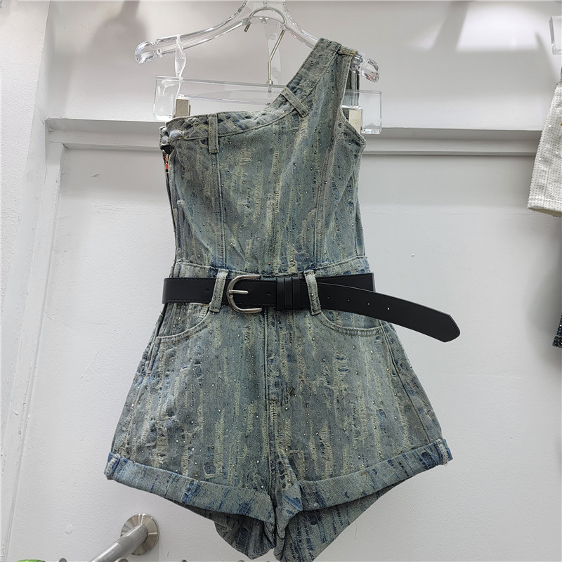 Irregular hombro inclinado cuerpo completo taladro jeans jeans mujeres 2026 verano nuevo diseño sensación de pantalones de pierna ancha pantalones calientes