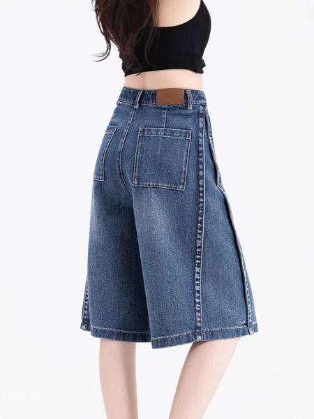 High-Waisted Denim Shorts for Women 2025 New Summer Thin Outer Wear Loose Wide-Leg Five-Point Pants Retro Straight Mid-Pants